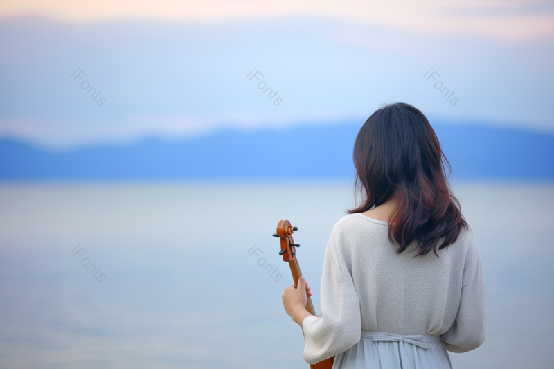 海边艺术长发美女弹吉他背影,高清,摄影图,摄影图片,图片大全,摄影图免费下载